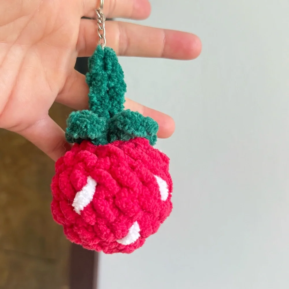 Handmade Strawberry Crochet Plushie Keychain – Soft Chenille Yarn Mini Bag Charm